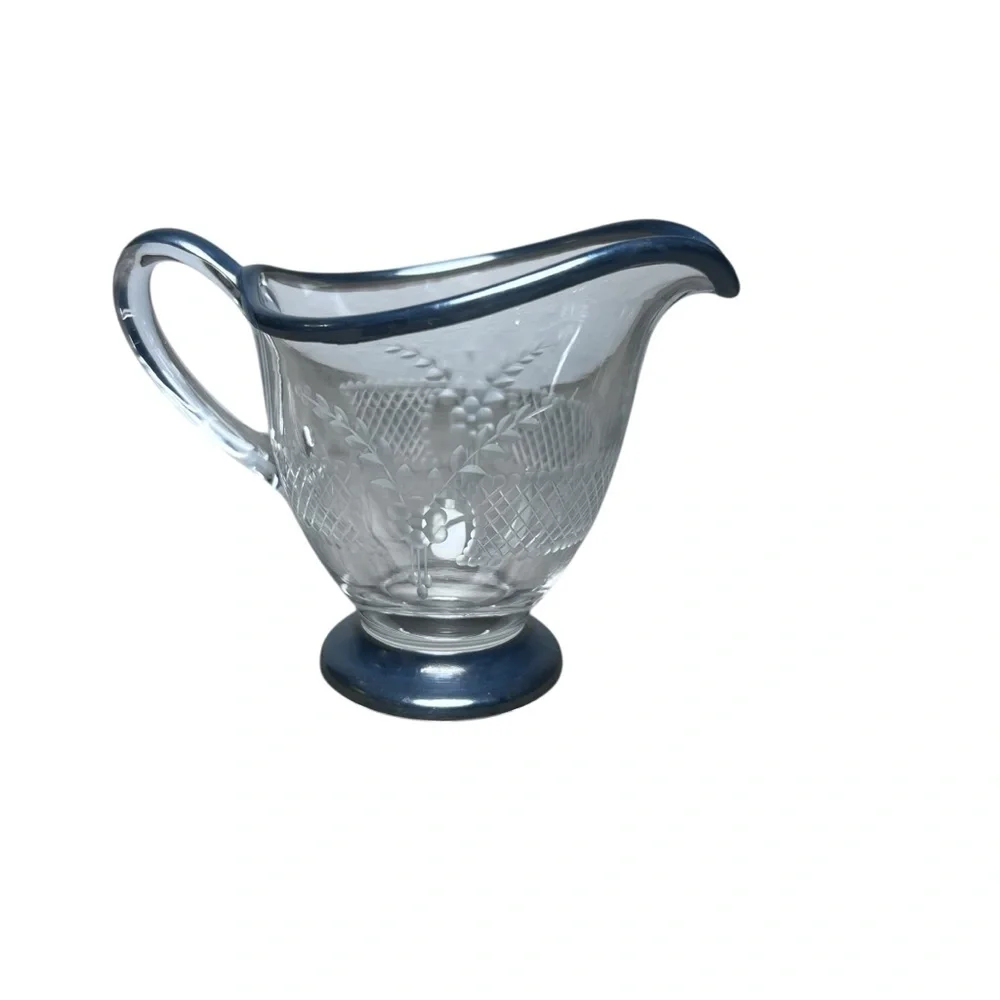 Vintage Delicate Etched Glass Creamer Floral & Lattice Pattern‎ Silver Overlay